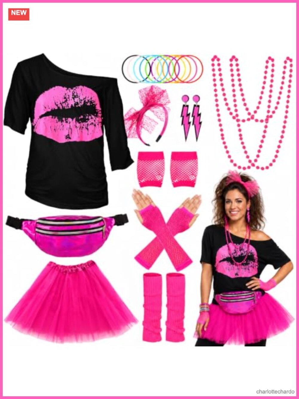 80s Outfit Costume Set 24PCS T-Shirt Tutu Fishnet Gloves Leg Warmers